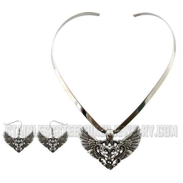 Heavy Metal Jewelry Ladies Flying Heart Pendant V-Cuff Necklace Stainless Steel Matching Earring Set SN2535