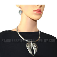Heavy Metal Jewelry Ladies Large Angel Wing Pendant Omega Chain Stainless Steel Matching Earring Set SP2550