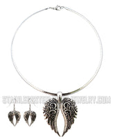 Heavy Metal Jewelry Ladies Large Angel Wing Pendant Omega Chain Stainless Steel Matching Earring Set SP2550