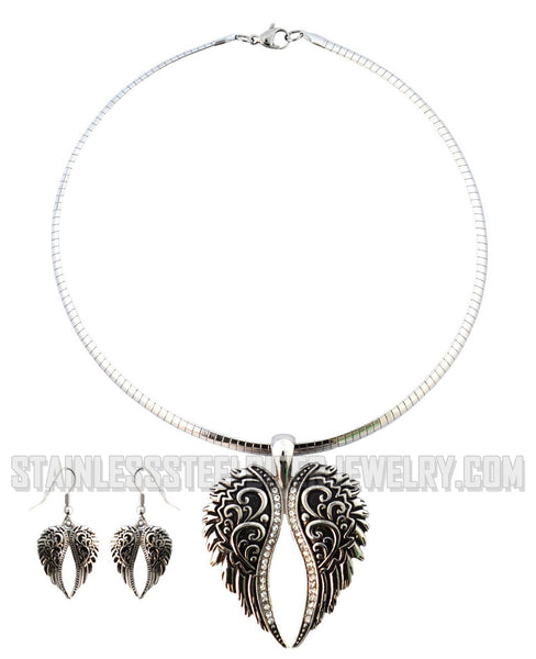 Heavy Metal Jewelry Ladies Large Angel Wing Pendant Omega Chain Stainless Steel Matching Earring Set SP2550
