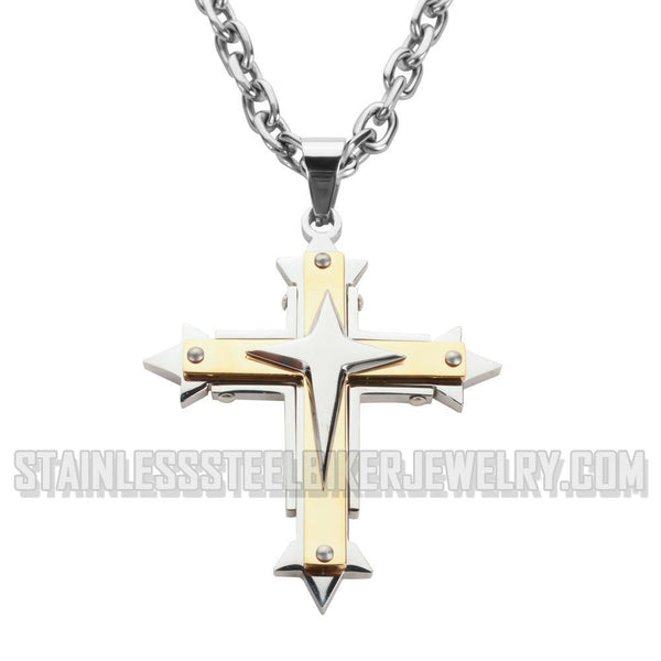 Heavy Metal Jewelry 2.5 Inch Triple Layer Cross Pendant Necklace Stainless Steel Religious Jewelry SP1560