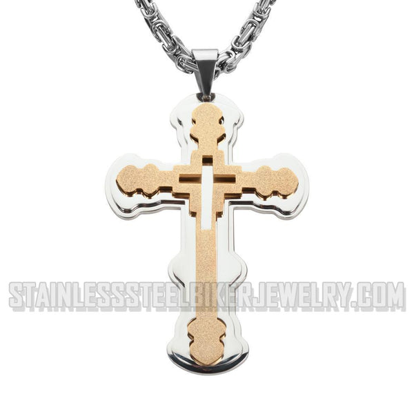 Heavy Metal Jewelry 4 Inch Triple Layer Cross Pendant 7mm Necklace Stainless Steel Religious Jewelry SP85