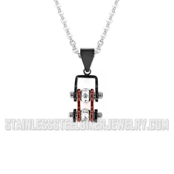 Heavy Metal Jewelry Ladies Mini Motorcycle Bike Chain Pendant Necklace Stainless Steel Black & Candy Red SP2006N