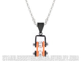 Biker Jewelry Ladies Mini Bike Chain Pendant Necklace Stainless Steel Black & Orange SP95