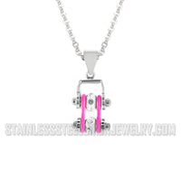 Biker Jewelry Ladies Mini Motorcycle Bike Chain Pendant Necklace Stainless Steel Chrome & Hot Pink SP102
