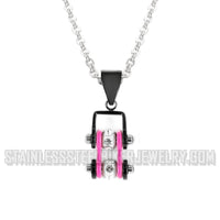 Biker Jewelry Ladies Mini Bike Chain Pendant Necklace Stainless Steel Black & Hot Pink SP89