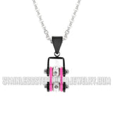 Biker Jewelry Ladies Mini Bike Chain Pendant Necklace Stainless Steel Black & Hot Pink SP89