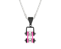 Biker Jewelry Ladies Mini Bike Chain Pendant Necklace Stainless Steel Black & Hot Pink SP89