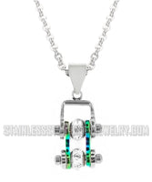 Women's Mini Motorcycle Bike Chain Pendant Chrome & Iridescent Stainless Steel SP103