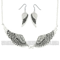 Heavy Metal Jewelry Ladies Black Combo Set Angel Winged Earring Angel Winged Pendant with Necklace Stainless Steel SP2236B