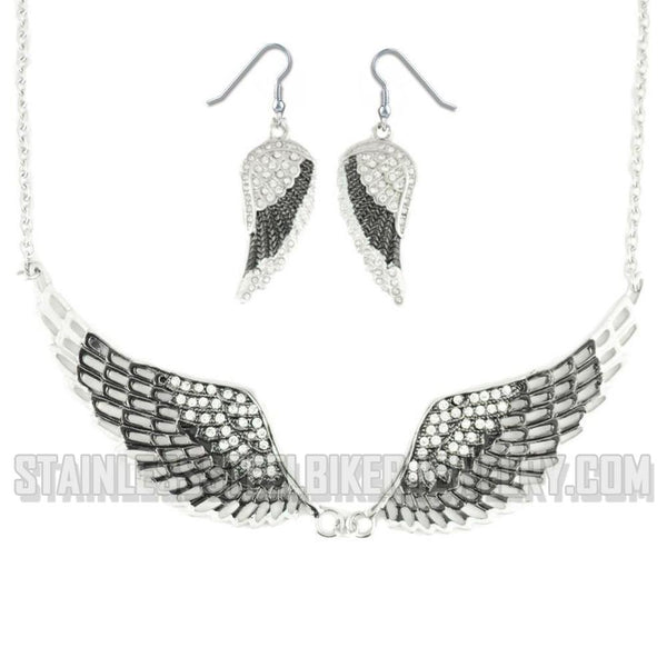 Heavy Metal Jewelry Ladies Black Combo Set Angel Winged Earring Angel Winged Pendant with Necklace Stainless Steel SP2236B