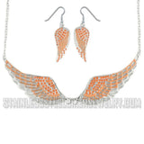 Heavy Metal Jewelry Ladies Orange Bling Angel Wing Pendant Necklace/Earring Set Stainless Steel SP2241C