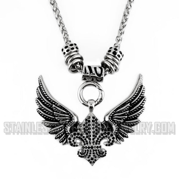 Heavy Metal Jewelry Unisex Angel Open Wing & Fleur De Lis Black Pendant with 4mm Foxtail Necklace Stainless Steel SP71-BLK