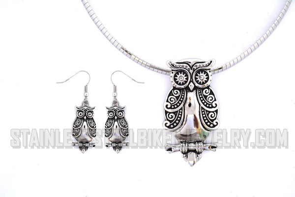 Heavy Metal Jewelry Ladies Owl Pendant Necklace Matching Earrings Set Stainless Steel SP2500