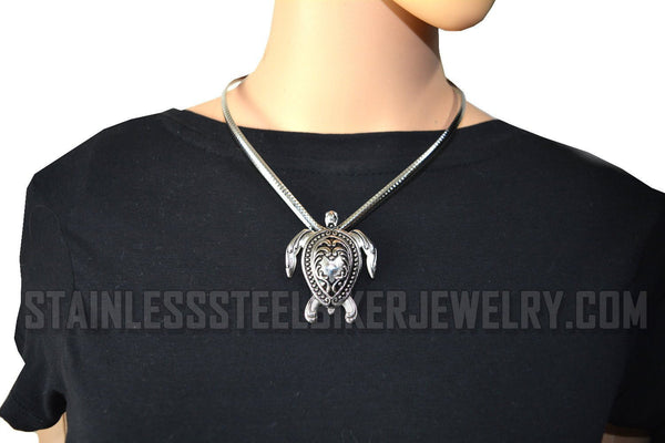 Heavy Metal Jewelry Ladies Turtle Pendant V-Cuff Necklace Stainless Steel Matching Earring Set SP2505
