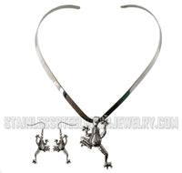 Heavy Metal Jewelry Ladies Frog Pendant V-Cuff Necklace Stainless Steel Matching Earrings SP2510