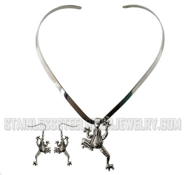 Heavy Metal Jewelry Ladies Frog Pendant V-Cuff Necklace Stainless Steel Matching Earrings SP2510