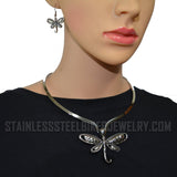 Heavy Metal Jewelry Ladies Dragonfly Pendant V-Cuff Necklace Stainless Steel Matching Earring Set SP2525
