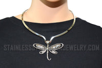 Heavy Metal Jewelry Ladies Dragonfly Pendant V-Cuff Necklace Stainless Steel Matching Earring Set SP2525