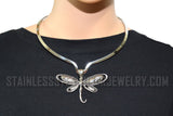 Heavy Metal Jewelry Ladies Dragonfly Pendant V-Cuff Necklace Stainless Steel Matching Earring Set SP2525