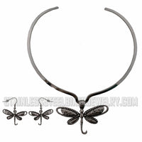 Heavy Metal Jewelry Ladies Dragonfly Pendant V-Cuff Necklace Stainless Steel Matching Earring Set SP2525