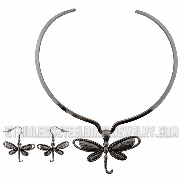Heavy Metal Jewelry Ladies Dragonfly Pendant V-Cuff Necklace Stainless Steel Matching Earring Set SP2525