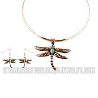 Heavy Metal Jewelry Ladies Dragonfly Pendant Omega Necklace Matching Earrings Set Stainless Steel SP24