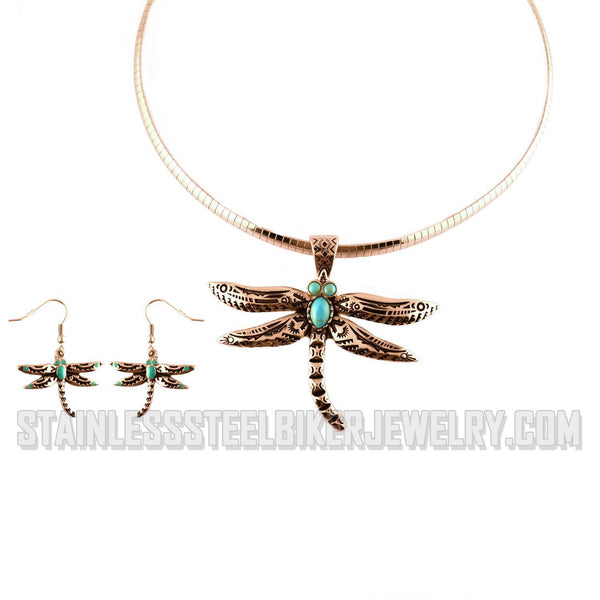 Heavy Metal Jewelry Ladies Dragonfly Pendant Omega Necklace Matching Earrings Set Stainless Steel SP24