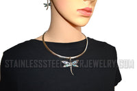 Biker Jewelry Ladies Dragonfly Pendant Omega Necklace Matching Earrings Set Stainless Steel SP20