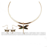 Biker Jewelry Ladies Dragonfly Pendant Omega Necklace Matching Earrings Set Stainless Steel SP20