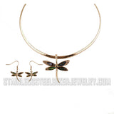 Biker Jewelry Ladies Dragonfly Pendant Omega Necklace Matching Earrings Set Stainless Steel SP20