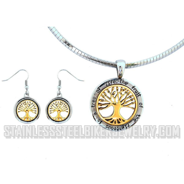 Heavy Metal Jewelry Tree Of Life Pendant With Omega Necklace Stainless Steel Matching Earring Set SP2545