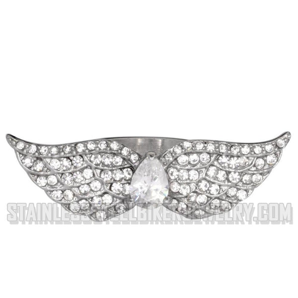 Heavy Metal Jewelry White Crystal Wings Stainless Steel Ring SR1080
