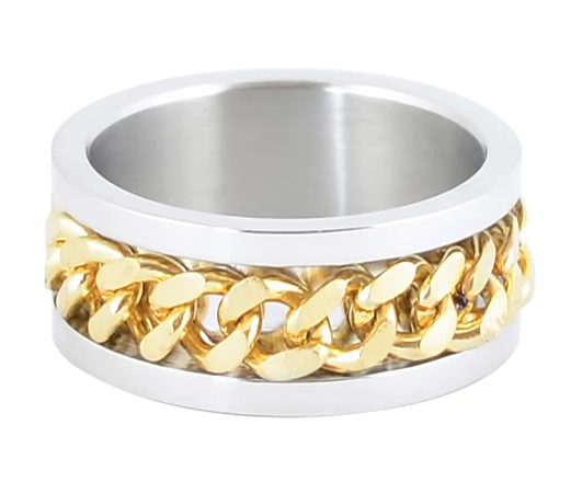 Heavy Metal Jewelry Men's Cuban Link Spinner Stainless Steel Ring Gold Edition SR116