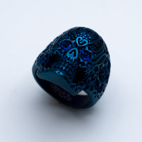 Heavy Metal Jewelry Ladies Blue Eyed Tribal Tattoo Skull Ring Stainless Steel Blue Anodized Edition SR118