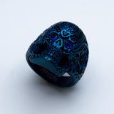 Heavy Metal Jewelry Ladies Blue Eyed Tribal Tattoo Skull Ring Stainless Steel Blue Anodized Edition SR118