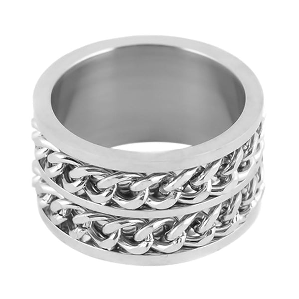 Heavy Metal Jewelry Men's Cuban Link Stainless Steel Ring Double Chain SR134