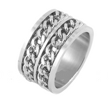 Heavy Metal Jewelry Men's Cuban Link Stainless Steel Ring Double Chain SR134