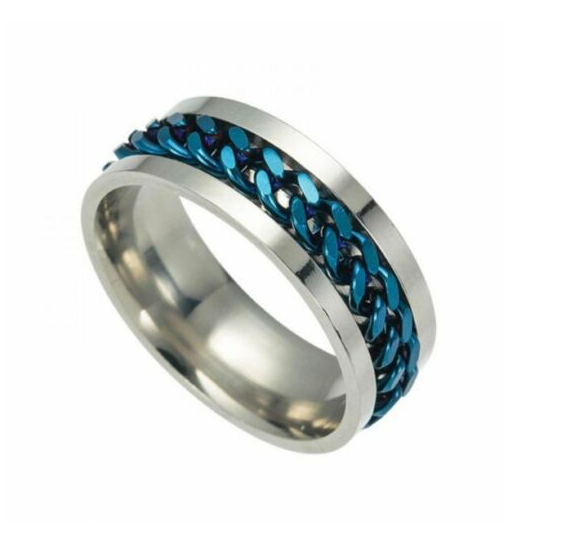 Heavy Metal Jewelry Wedding Band Cuban Link Spinner Stainless Steel Ring Blue Edition SR136