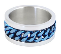 Heavy Metal Jewelry Wedding Band Cuban Link Spinner Stainless Steel Ring Blue Edition SR136