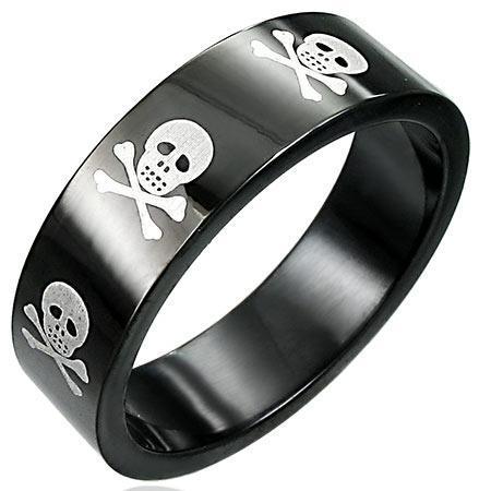 Biker Skull and Crossbones 8mm Wedding Band Ring Black Stainless Steel SR141