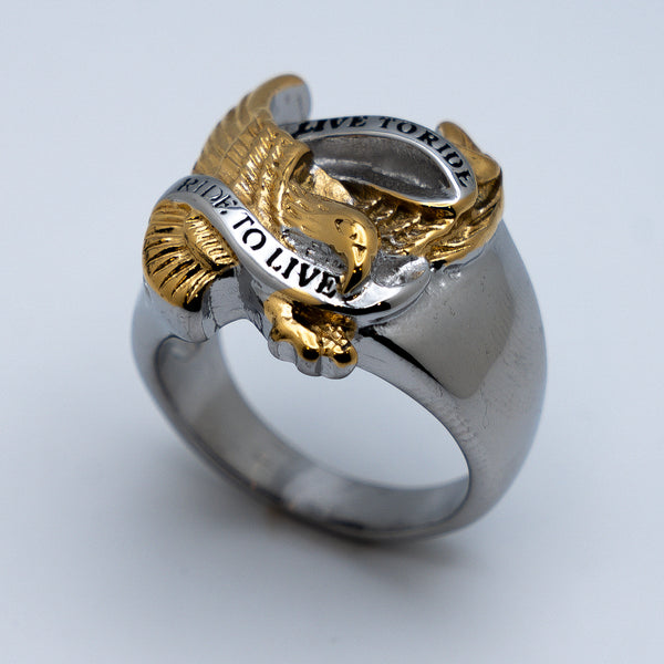 Live to Ride/Ride to Live Gold Eagle Stainless Steel Motorcycle Biker Ring SR143