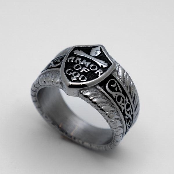 Heavy Metal Jewelry Men's Armor of God Shield Stainless Steel Religious Ring SR154