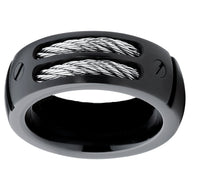 Unisex Stainless Steel Double Black Cable Wedding Band Ring SR159