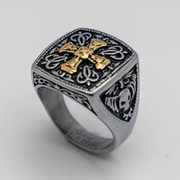 Heavy Metal Jewelry Men's Greek Cross Ring Stainless Steel Gold Edition SR164