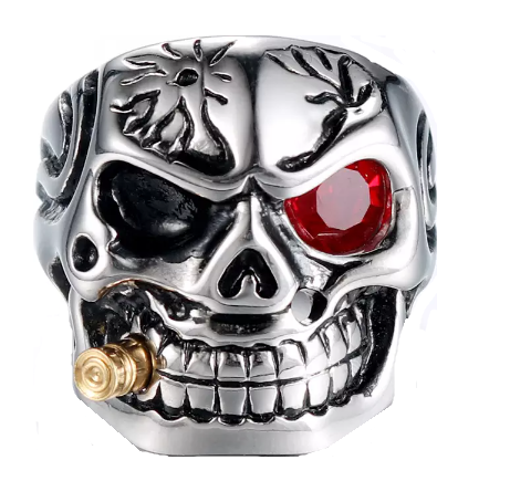 Stainless Steel Skull Biker Ring Red Eye and a Gold Bullet SR173