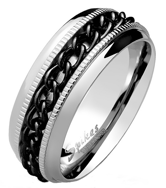 8mm Stainless Steel Spinner Wedding Band Black Chain Ring SR174