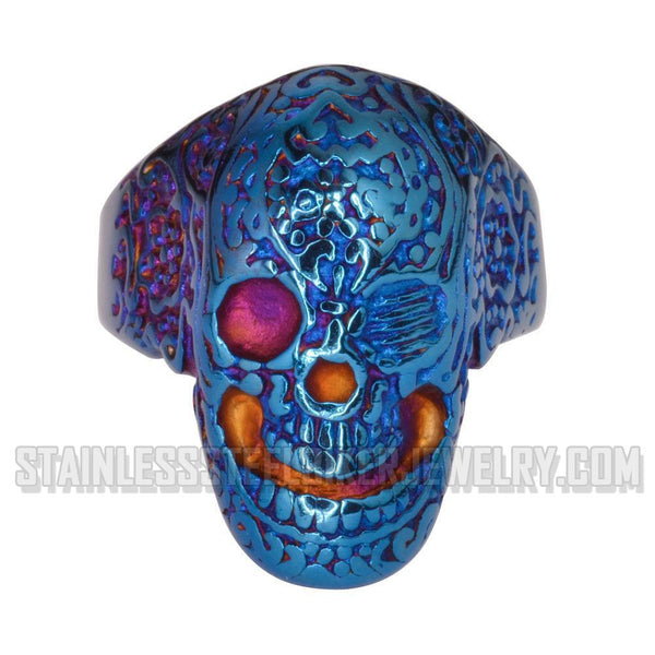 Heavy Metal Jewelry Men's Tattoos Gone Wild Skull Ring Stainless Steel Blue Anodized Edition SR1751
