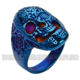 Heavy Metal Jewelry Men's Tattoos Gone Wild Skull Ring Stainless Steel Blue Anodized Edition SR1751