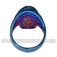 Heavy Metal Jewelry Men's Tattoos Gone Wild Skull Ring Stainless Steel Blue Anodized Edition SR1751